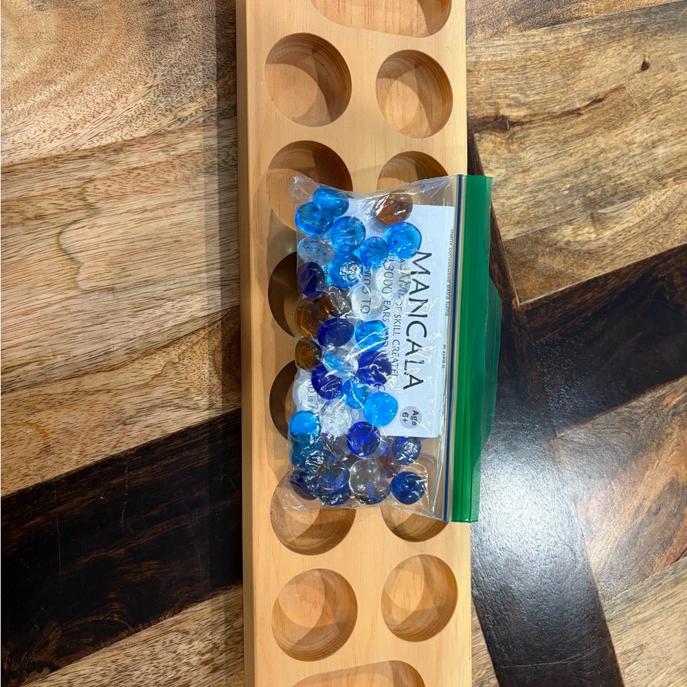 Wooden Mancala Board Game with Blue and Brown Stones